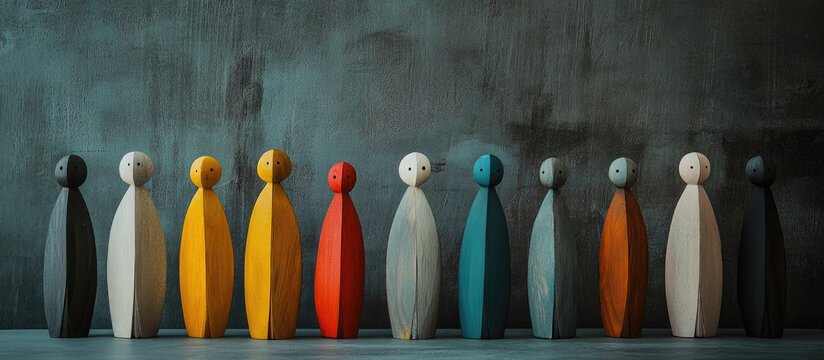 Wooden figures of different colors stand in a row on a gray background.