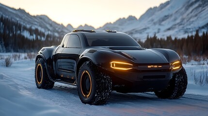 Black Pickup Truck in a Snowy Mountain Landscape