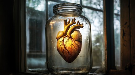 A heart within a glass jar, painted textures and soft shadows, symbolizing the feeling of protecting a fragile heart.