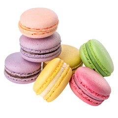 Assorted colorful French macarons, pink, purple, yellow, green, stacked on white, sweet and delicate.