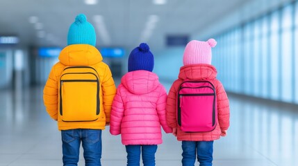 Back to School Buddies: Three adorable children, bundled in warm winter jackets and carrying...