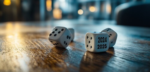 Delicate 2024 to 2025 transition with dices on a polished wooden table during a quiet evening.