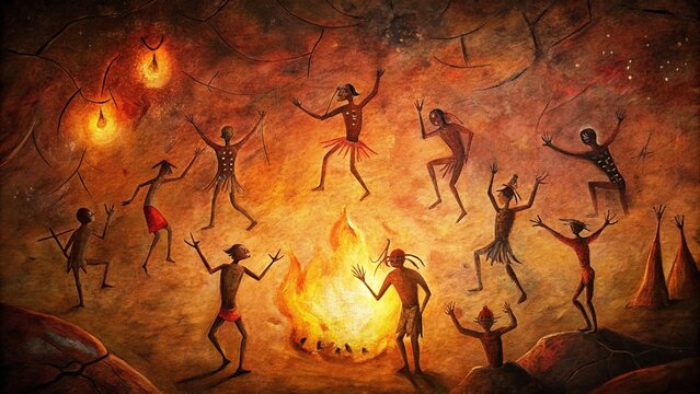 A cave wall adorned with stick figures dancing around a fire, using muted reds, browns, and charcoal tones to capture a tribal ritual