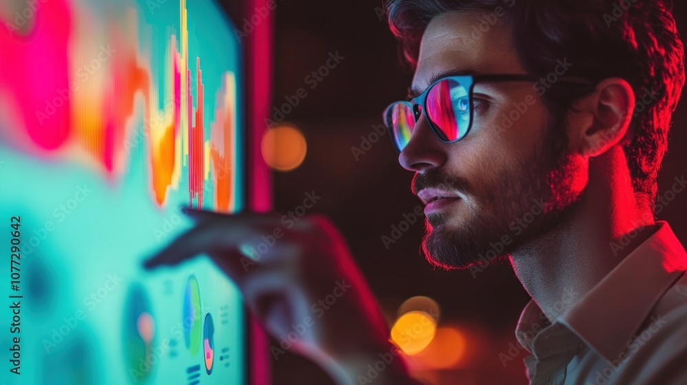 Poster man with glasses studying data on a screen in a dark room