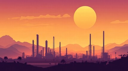 Industrial Refinery Silhouette Against Vibrant Sunset in Mountainous Region