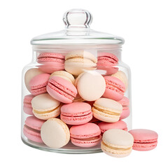 Glass jar filled with pink and beige macarons, colorful treats, French dessert, elegant display.