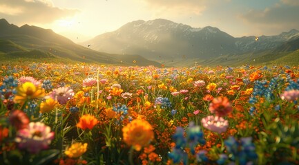 Fototapeta premium A vibrant field of wildflowers blooms at sunset, with snow-capped mountains in the background.