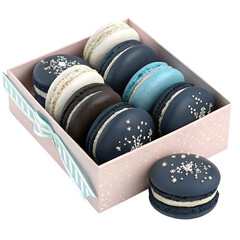 Winter-themed macarons in shades of navy, blue, and white, snowflake decorations, pastel pink box, tied with ribbon, perfect for gifts, festive treats, sweet delicacy, elegant design.