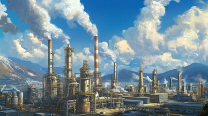 Obraz premium Industrial Factory Landscape with Smokestacks and Mountainous Background Under Blue Skies