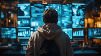 Fototapeta premium Young Analyst Observing Data Analytics Dashboard in Modern Workspace
