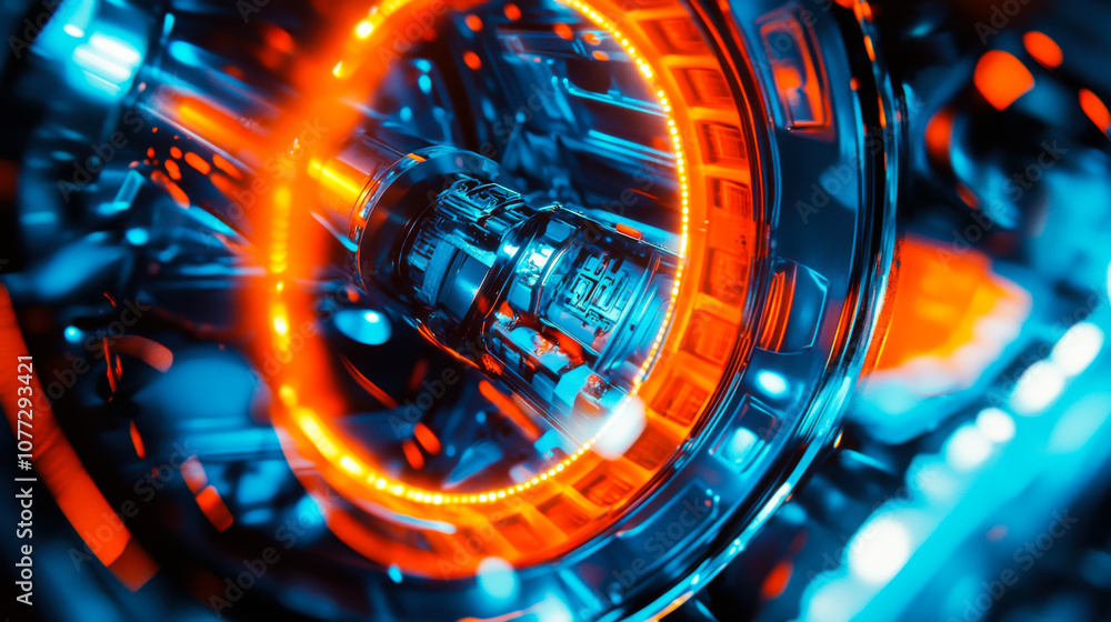 Poster close-up view of a futuristic mechanical structure illuminated with vibrant blue and orange lights i