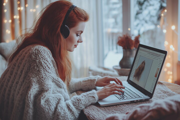 Young woman using a laptop at home, Christmas time. Ai 