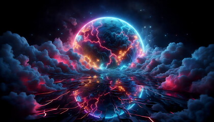 Earth Planet , 4K Background ,Colorful Landscape Art, Magic, Neon Lights, 3D Nature,  for Youtube thumnail or background video or music cover art , or home decor
