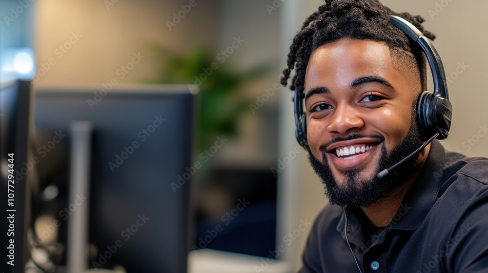 Poster a smiling man wearing a headset and looking directly at the camera in an office setting