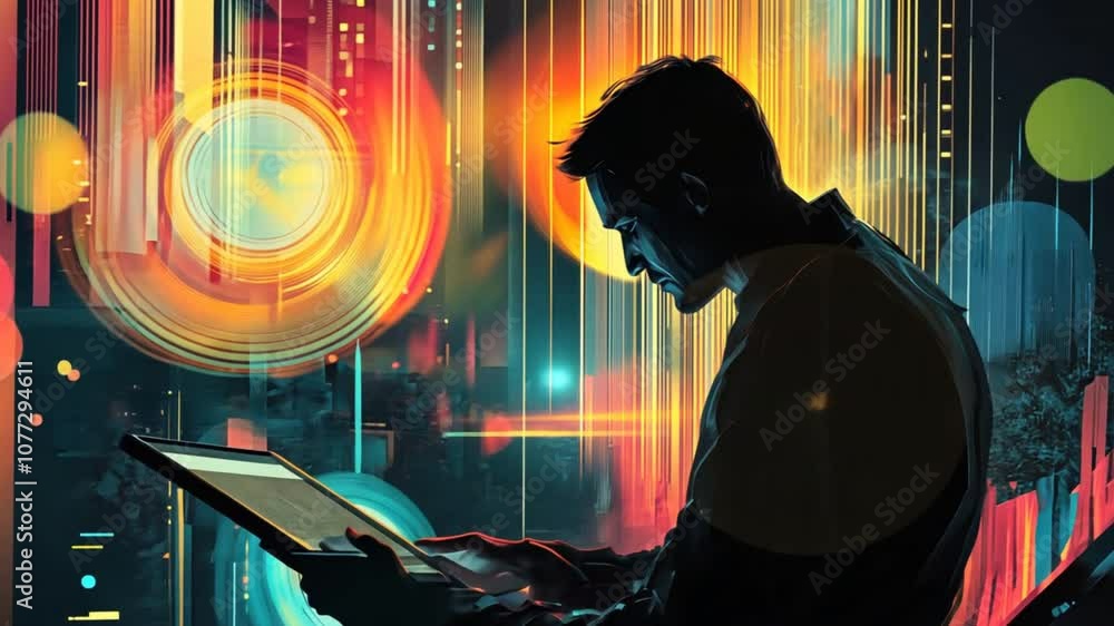 Poster a digital artist working with a tablet, seated in front of an abstract black background featuring dy