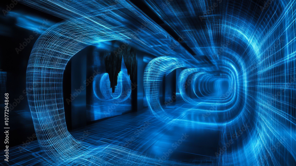Poster a futuristic tunnel illuminated by vibrant blue light, creating a dynamic and immersive digital atmo