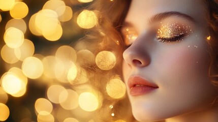 A woman's face is visible against a backdrop of warm, out-of-focus lights. Her closed eyes have a delicate, golden glitter eyeshadow that shines in the light.