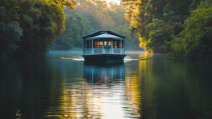 Fototapeta premium Houseboat on Calm Lake, Lush Greenery, Sunrise, River Cruise, Tranquil Scene