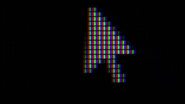 Close up view of generic mouse cursor pointer arrow on IPS LCD screen pixels texture. Macro shot of computer monitor. Abstract colorful background.