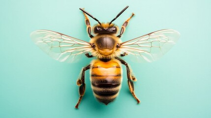 Honey bee showing wings on turquoise background