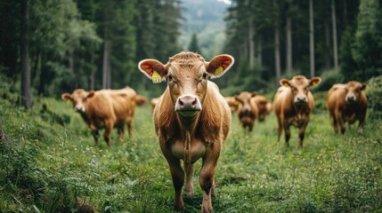 Fototapeta premium A herd of brown cows stand in a green field with a forest in the background. The cow in the foreground is looking directly at the camera.