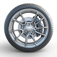 Obraz premium A car wheel is shown with its main parts: the tire, the rim, and the disc brakes with the caliper. This image was created using computer graphics.