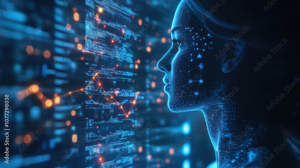 Poster a digital representation of a woman's face with a glowing digital background of code and data.