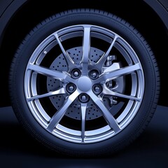 Obraz premium A car wheel is shown with its main parts: the tire, the rim, and the disc brakes with the caliper. This image was created using computer graphics.