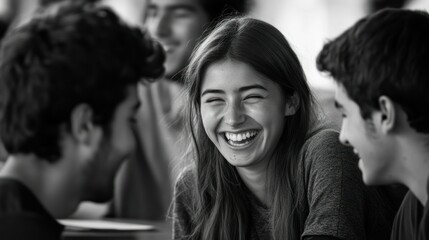 Obraz premium A Young Woman Laughs With Friends, Captured In Black And White