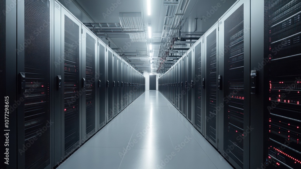 Poster a long hallway lined with rows of server racks in a data center.