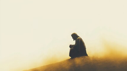 The Trial of the Savior. Jesus fasting and praying in the desert for 40 days. Jesus sits alone in the barren desert, deep in prayer.