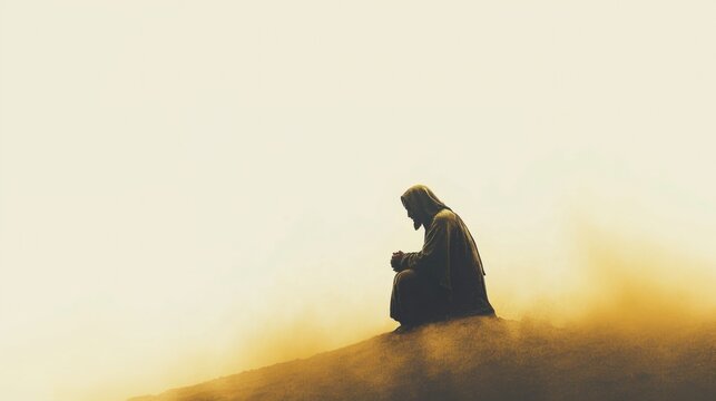 The Trial of the Savior. Jesus fasting and praying in the desert for 40 days. Jesus sits alone in the barren desert, deep in prayer.