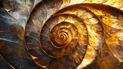 Golden Spiral Nautilus Shell, Metallic Texture, Abstract Art, 3D Rendering, Background