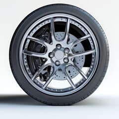 Obraz premium A close-up of a car wheel with its brake system, shown against a plain white background. This is a computer-generated image.