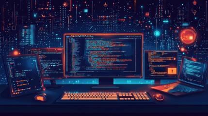 Obraz premium A futuristic workspace with multiple monitors displaying code, a keyboard, mouse, and a laptop, all set against a background of glowing circuits and data.