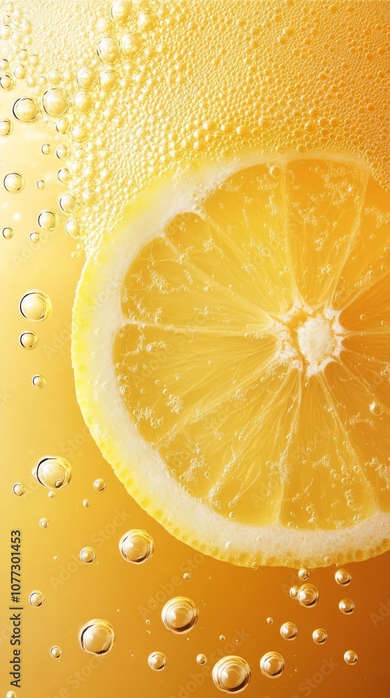 Poster a vibrant closeup of lemon slices submerged in fizzy orange juice, capturing the refreshing essence 
