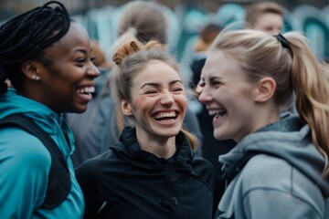 Fototapeta premium Candid group of women laughing after gym workout