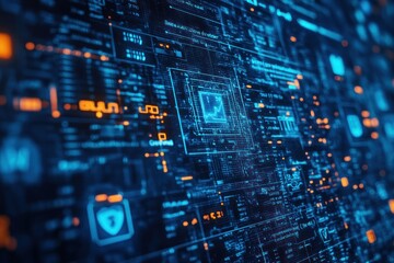 Obraz premium Abstract digital data background with a blue and orange color scheme and a glowing square in the center, representing a secure system.