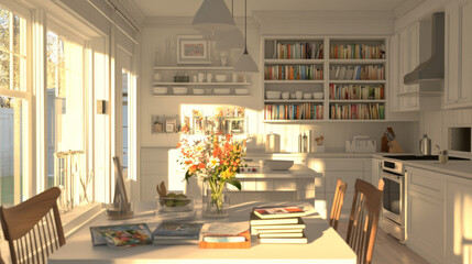 Fototapeta premium Bright Kitchen Book Club Meeting: Sunlight, Flowers, Books
