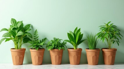 Fototapeta premium Stylish Set of Fresh Herbs in Terracotta Pots Against a Soft Green Background