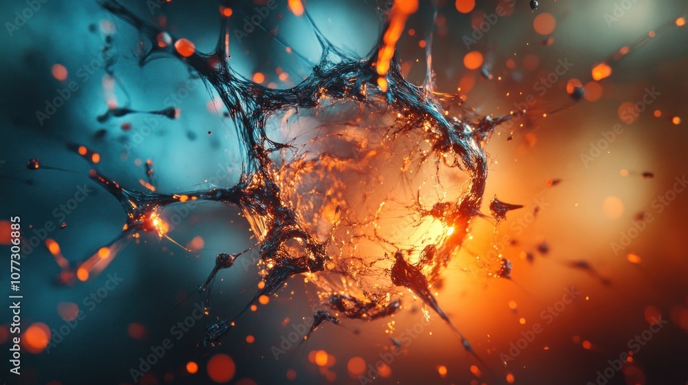 Poster abstract 3d rendering of a glowing orb with intricate, spiky tendrils reaching out against a blurred