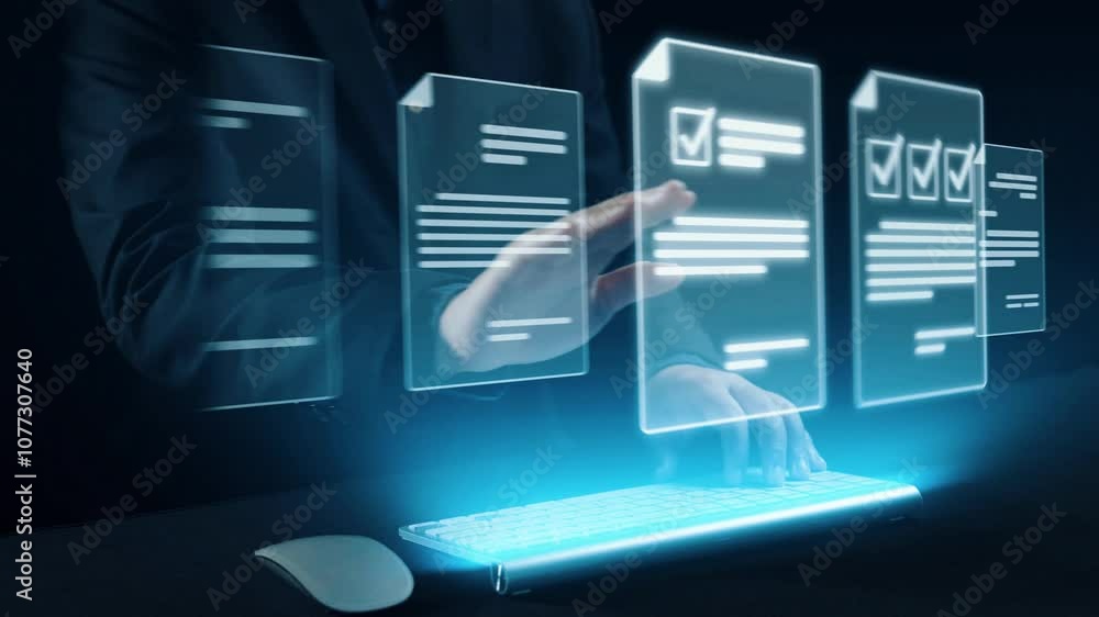 Poster business person managing online documents for efficient work processes. ensure secure and quick acce
