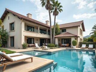 Fototapeta premium A luxurious villa features a beautiful swimming pool and palm trees. Sun loungers are arranged around the pool area, creating a perfect outdoor relaxation spot