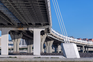Road metal cable-stayed bridge. Bottom view