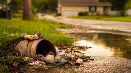 Obraz premium A discarded metal pipe overflowing with garbage sits by the curb, highlighting the issue of litter and environmental pollution.
