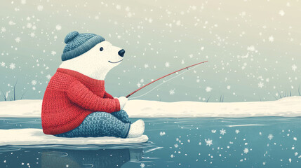 flat illustration of cute polar bear wearing knitted red sweater and blue knitted hat sitting and fishing in winter on frozen lake