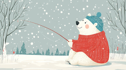 flat illustration of cute polar bear wearing knitted red sweater and blue knitted hat sitting and fishing in winter on frozen lake