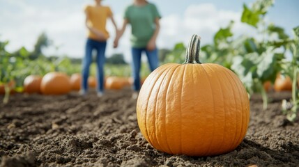 Pumpkin Patch Romance: A ripe orange pumpkin takes center stage in a picturesque autumn scene, with a blurred couple holding hands in the background.