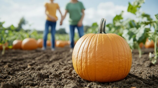 Pumpkin Patch Romance: A ripe orange pumpkin takes center stage in a picturesque autumn scene, with a blurred couple holding hands in the background.