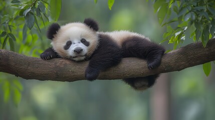 Obraz premium Sleeping Panda Cub in Tree